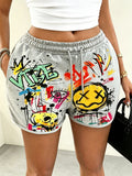 New Street Graffiti Style Multicolor Print Women'S Drawstring High-Waist Casual Spicy Outerwear Trendy Shorts - Light Grey
