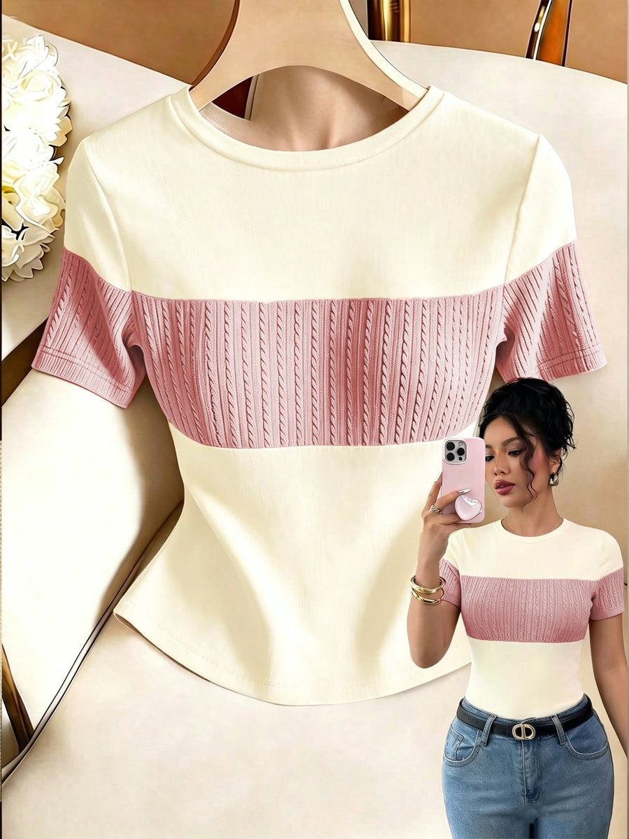 Women'S Casual Muscle Texture Patchwork T-Shirt - Apricot
