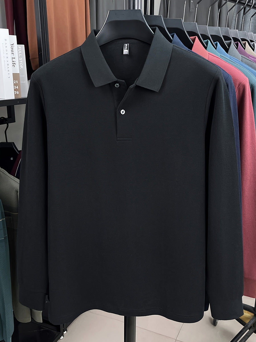 Spring and Autumn Men's Lapel Polo Shirt, Fashionable Solid Color Base Layer Top, Versatile Business Casual Long Sleeve T-Shirt, Suitable for Daily Work Scenes, The Best Gift for Friends and Relatives - Black