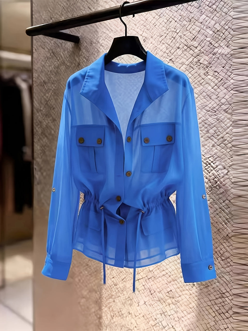 Drawstring Waist Chiffon Shirt, Lapel Collar with Cargo Pockets - Blue