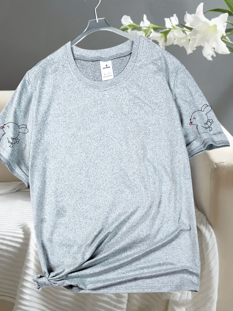 Cute Rabbit Print T-Shirt, Short Sleeve Crew Neck Casual Top for Summer And Spring, Women'S Clothing - Light Grey