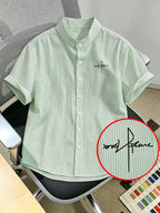 Men'S Striped Shirt with Letter Print, Breathable Striped Summer Shirt, Stand-Up Collar Design Suitable for Beach Outings And Casual Leisure, Beach Shirt, Outdoor Casual, Soft Texture, Vacation Wear - Light Green