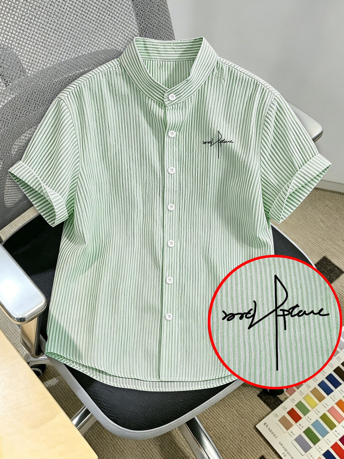 Men'S Striped Shirt with Letter Print, Breathable Striped Summer Shirt, Stand-Up Collar Design Suitable for Beach Outings And Casual Leisure, Beach Shirt, Outdoor Casual, Soft Texture, Vacation Wear - Light Green