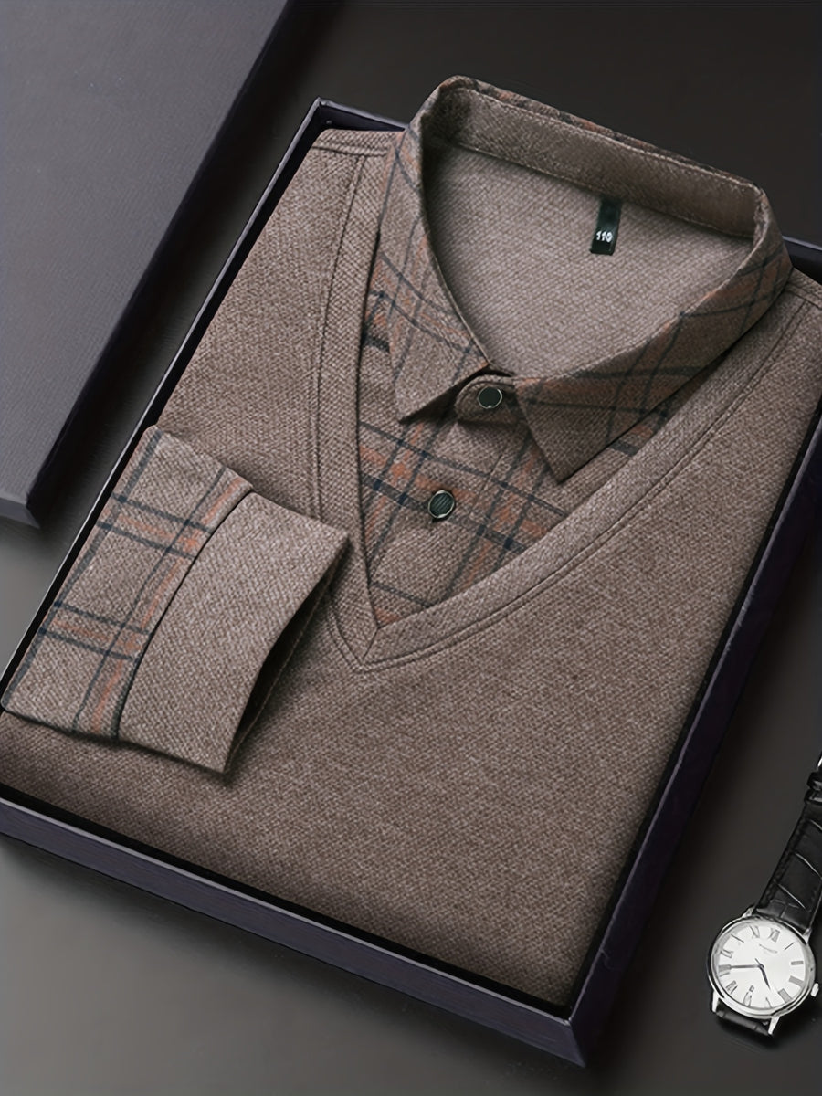 Striped Long-Sleeve Men'S Faux Two-Piece Top, Thin Autumn Winter Base Layer T-Shirt - Khaki