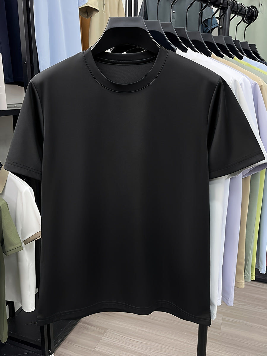 NERPOLO Men's Solid Color Short Sleeve T-Shirt - Round Neck Casual Summer Tee with Suitable for Middle-Aged, Regular Fit Breathable Shirt, Hand Washable Solid Color Round Neck Half-Sleeve Blouse for Casual Attire (No Transparency) - Black
