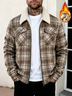 Plaid Men'S Thick Velvet Jacket, Lapel Zipper Cardigan Jacket, Casual Warm Plaid Top, Workwear Pocket Autumn And Winter Jacket, Daily Wear Outerwear - Khaki