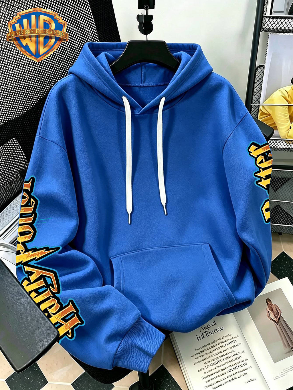 Warner Bros Official 1pc Vintage Golden Pattern Magic Owl Trendy Casual Hoodie - Men's Fashion Hoodie, Adjustable Drawstring Loose and Comfortable Sweatshirt, Suitable for Daily and Outdoor Sports Wear, the Perfect Choice for Warmth in Autumn - Blue