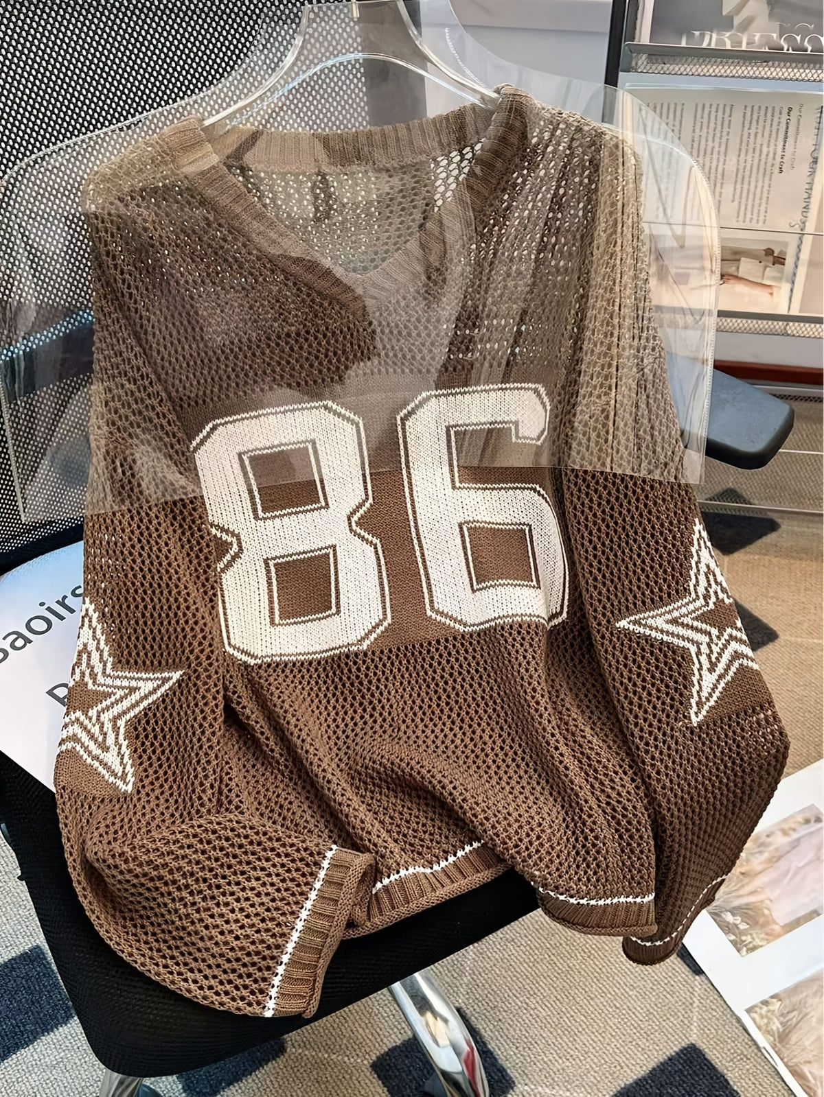 New Fashion Women'S Casual Trendy Cool Style Solid Color Number Star Mesh Shirt Daily Versatile Shopping Outfit Women'S Spring And Summer V-Neck Long-Sleeved Loose Long-Sleeved Pullover - 【Brown】