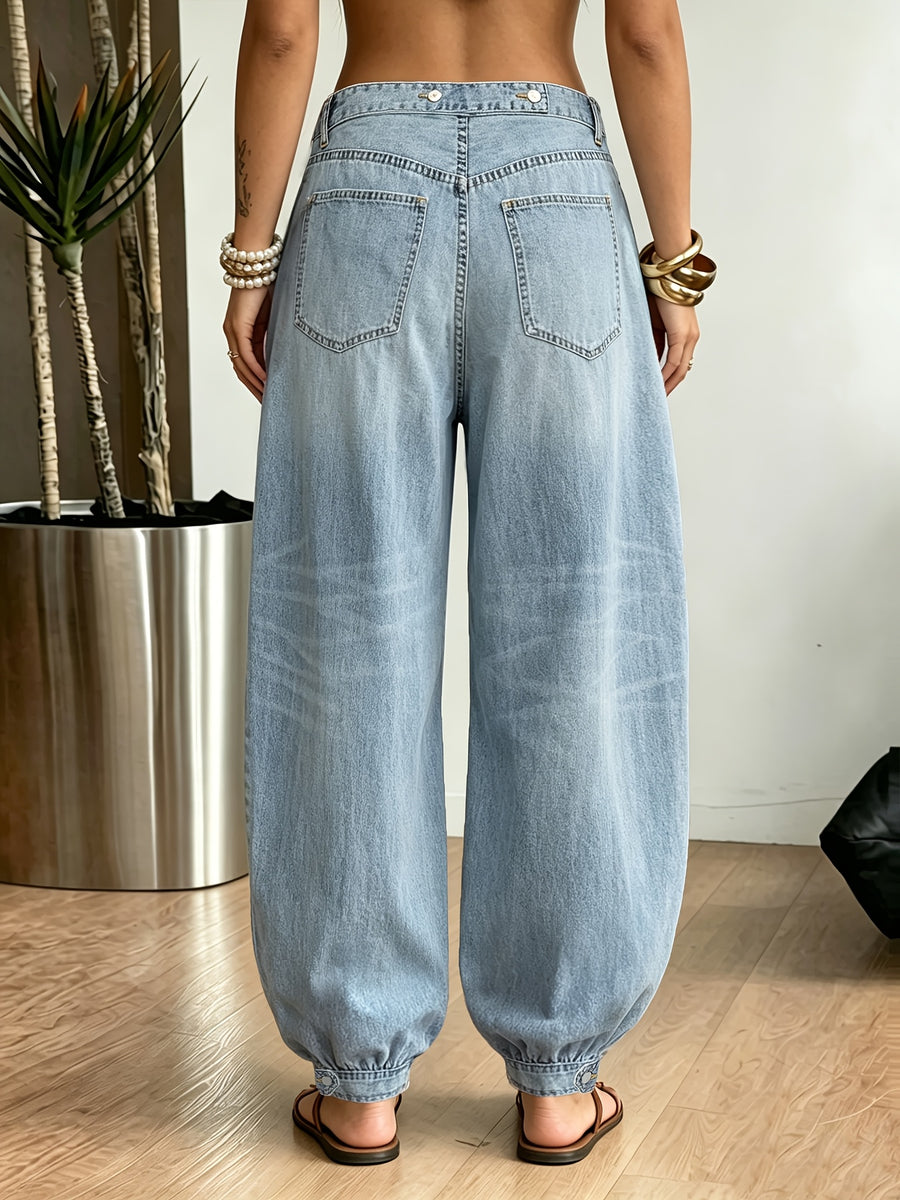 2026 New Light Blue Balloon Leg Denim Pants, Vintage Washed Oversized Barrel Jeans for Women, Elastic Hem Casual Trousers for Daily Wear - Light Blue
