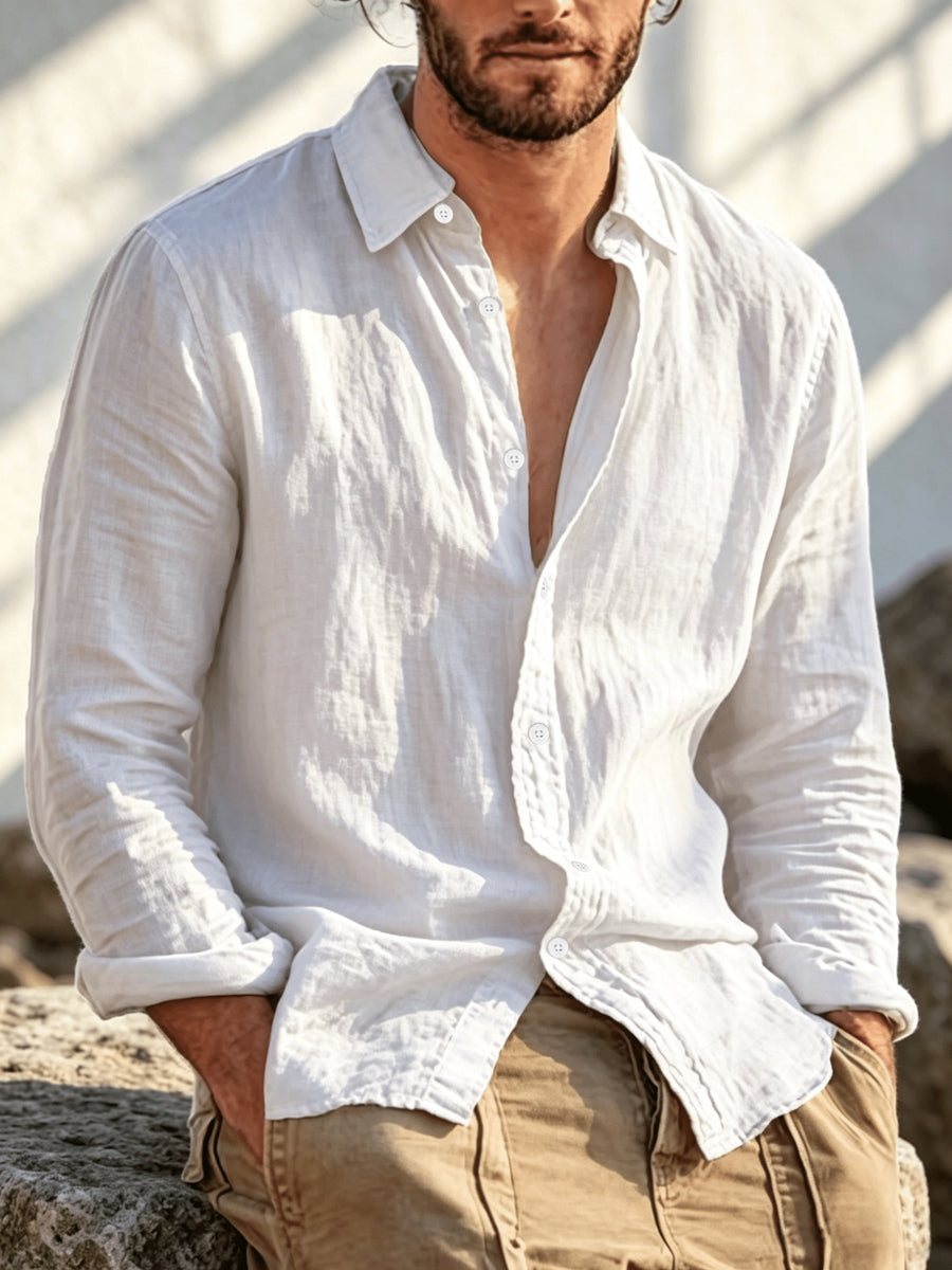 Single Piece Summer Men's Cotton and Cotton And Linen Blend Long Sleeved Shirt, 26 Year Fashionable and Simple Style, Loose Fit, Button up Cardigan Versatile Design, Soft and Breathable Fabric, Preferred for Daily Leisure Commuting - White