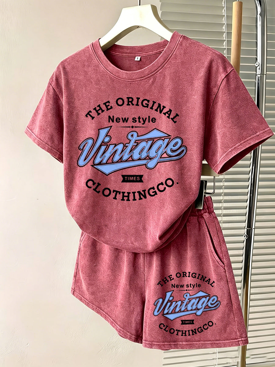 Summer Autumn Fashion Distressed Washed Short Sleeve Shorts with Drawstring Casual Women'S Set, Comfortable for Hot Weather, Classic Silhouette, Relaxed Fit, Casual Home And Outing Two-Piece Set - Red