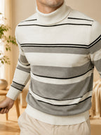 [Whale-Crossing Lan OBM] Spring/Autumn New Men'S Knit Pullover Sweater, Old Money Style Color-Block Long Sleeve High-Neck Knit Pullover for Men, Business Casual Fashion Ribbed Sweater, Suitable for Spring, Autumn, Winter Layering Or Inner Wear - White