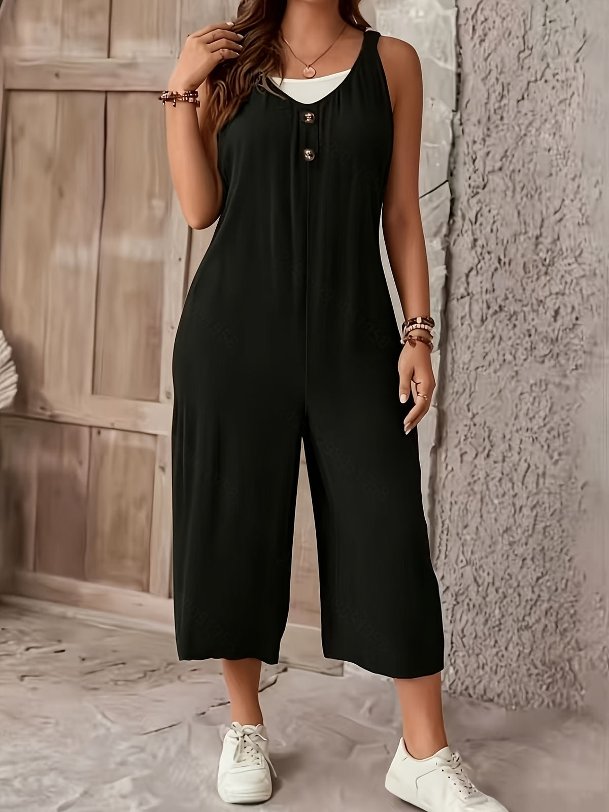 Front-buttoned Two-sided Pocket Suspender Jumpsuit Without White Vest, Casual Commuter Style - Black