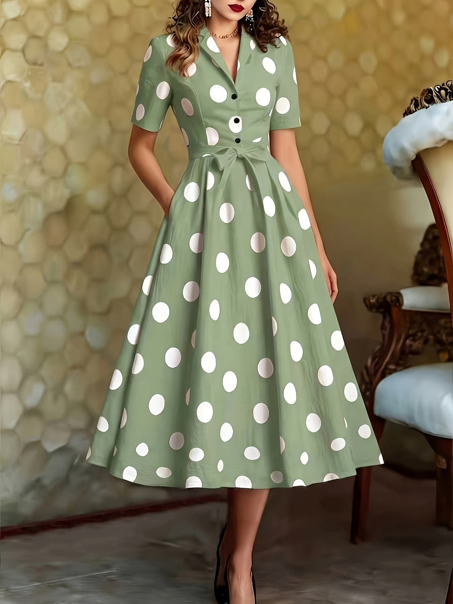 2026 Mid-Length Dress, Short Sleeve, Cape Neckline, Polka Dot Pattern, Button-Up Design, French Retro Style, White - Pea Green Color
