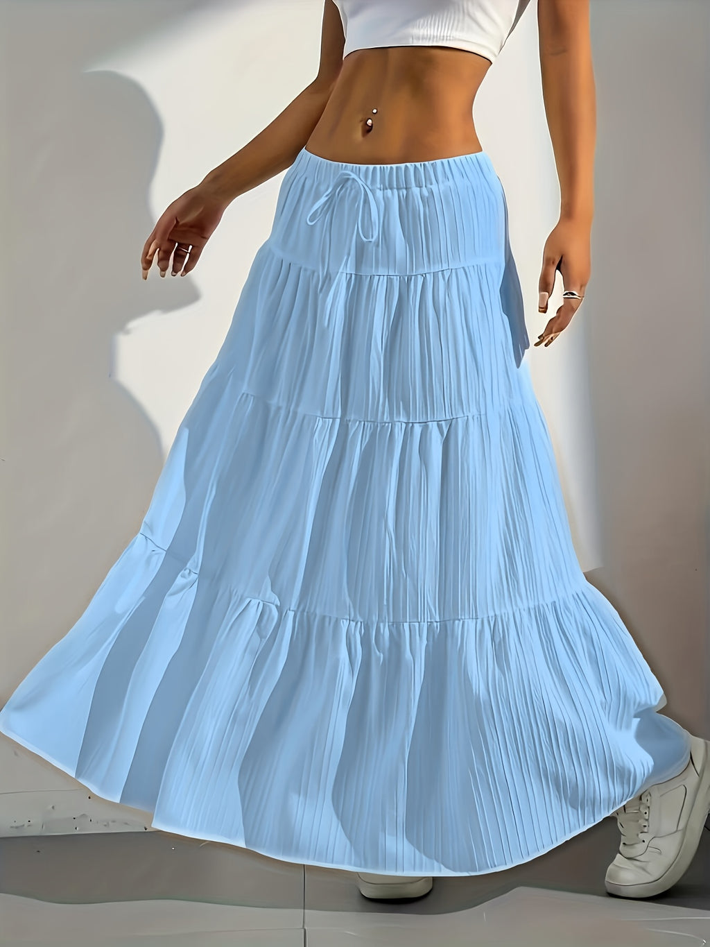 Elegant Style 2025 Western Cross-Border Women'S New Solid Color Half Skirt with Tie-Back Flared Skirt Loose Half Skirt Women - Sky Blue