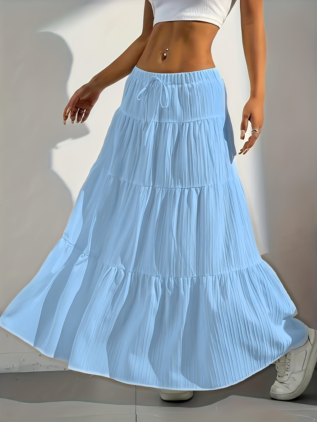 Elegant Style 2025 Western Cross-Border Women'S New Solid Color Half Skirt with Tie-Back Flared Skirt Loose Half Skirt Women - Sky Blue