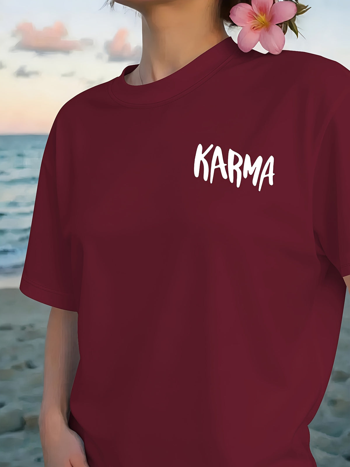 Front And Back Print T-Shirt, Cause And Effect, KARMA Pattern Women'S Round Neck Casual Short Sleeve Top, Trendy Fashion Casual Style, Women'S Double-Sided Printed Top, Round Neck Women'S Short Sleeve T-Shirt S-XXL - Burgundy