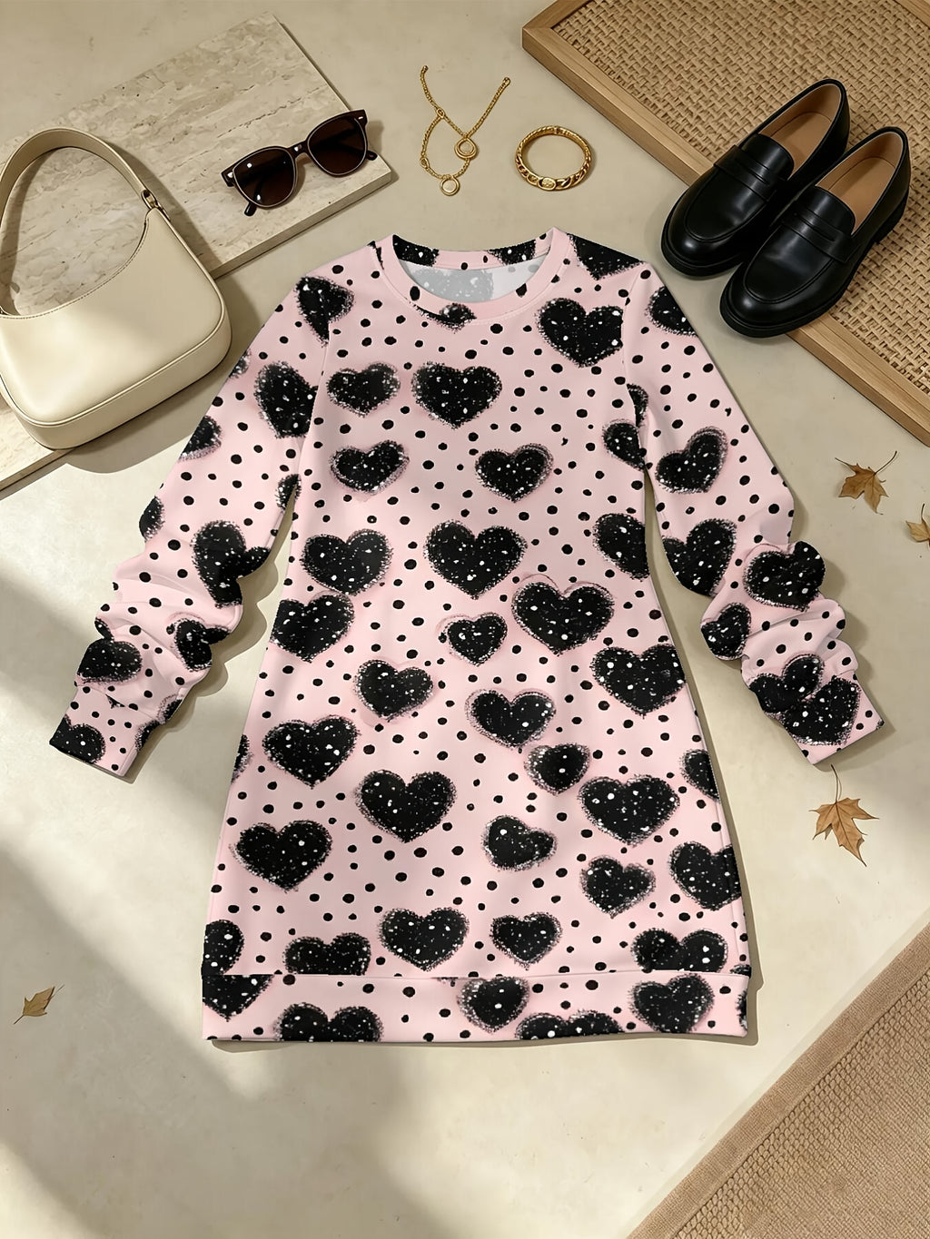 Women's Tiny Black Hearts All-Over Print Dress - Long Sleeve A-Line Dress with Crew Neck & Straight Hem, Full Suitable for Commuting, Home, Dating, Casual Wear, Style for Fall/Winter, Hand Washable Non- Dress - Multicolor