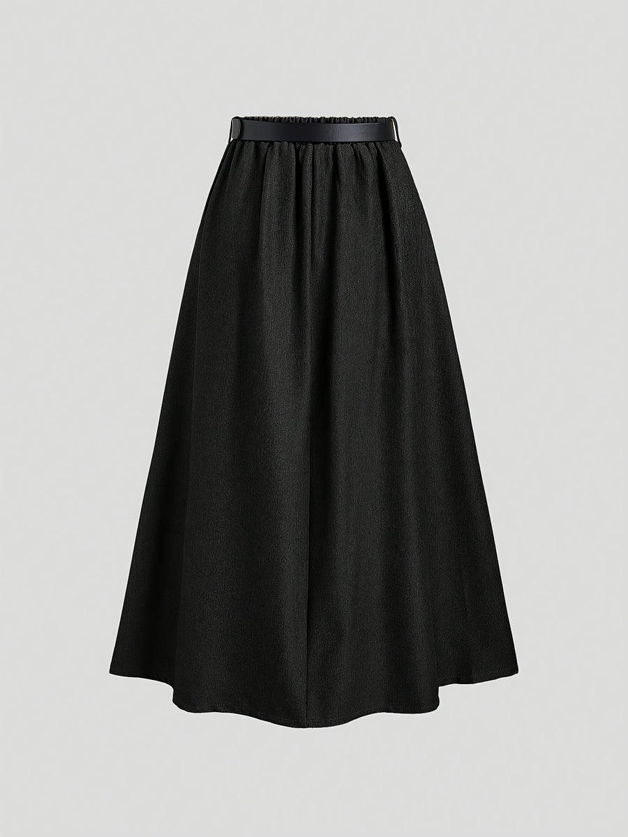 Women's Spring/Summer Elegant Solid Color Elastic Waist Casual A-Line Maxi Dress - Black