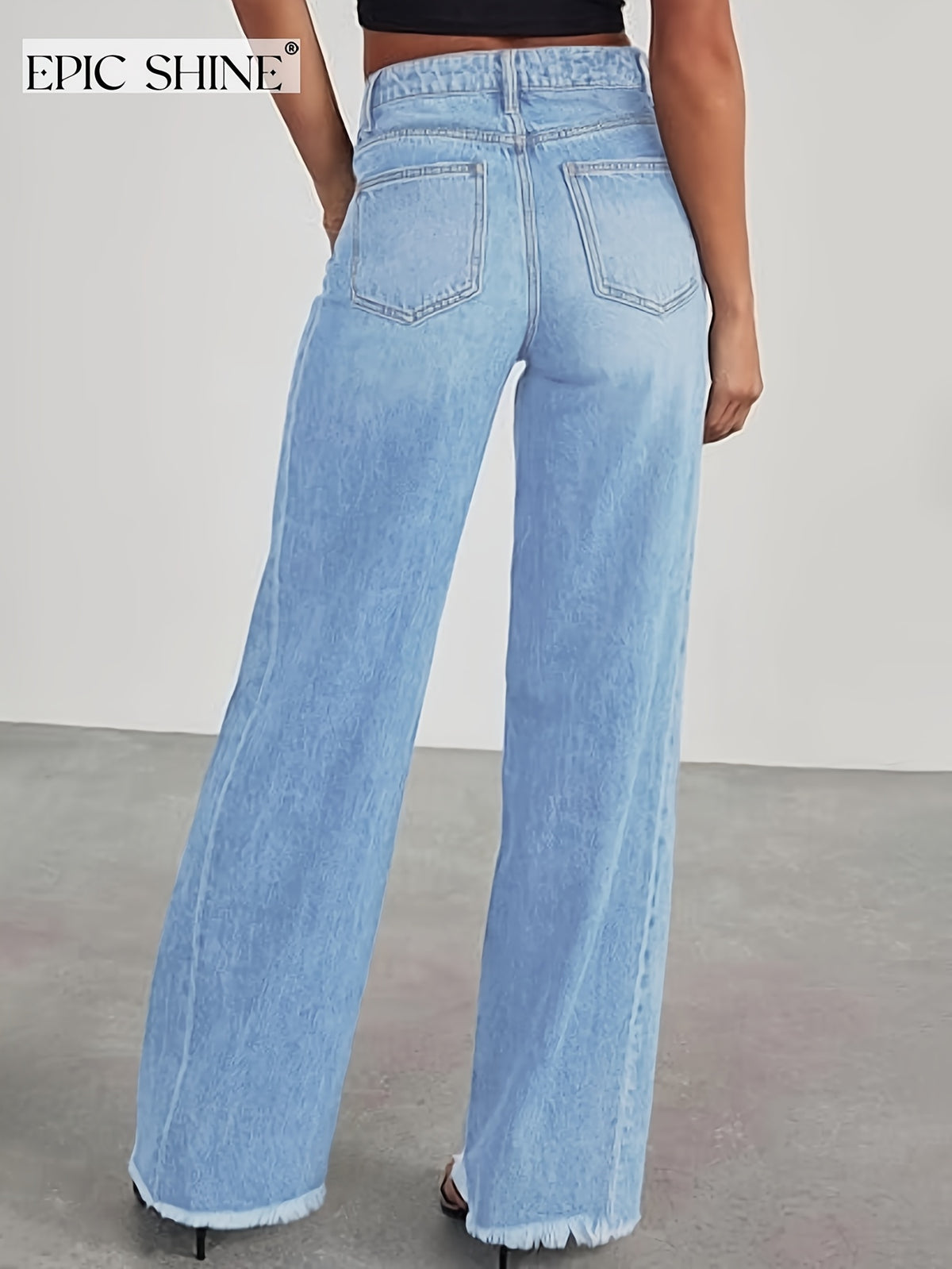 Women's Trendy High-waisted Loose Wide-leg Jeans, Stretchy Wide-leg Pants, Raw Hem Design, with Pockets, High-waisted Straight-leg Jeans, Versatile for Commuting, Women's Denim and Clothing - Light Blue