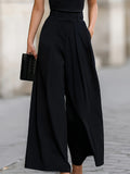 Women's Fashion High-Waisted Pleated Wide-Leg Pants for Commuting and Casual Wear - Black