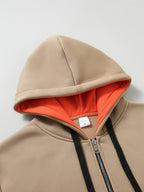 Men's Full Zip Hoodie, Contrast Color Hooded Sweatshirt with Cargo Pockets, Casual, Comfortable, Versatile Fall Winter Jacket - Khaki