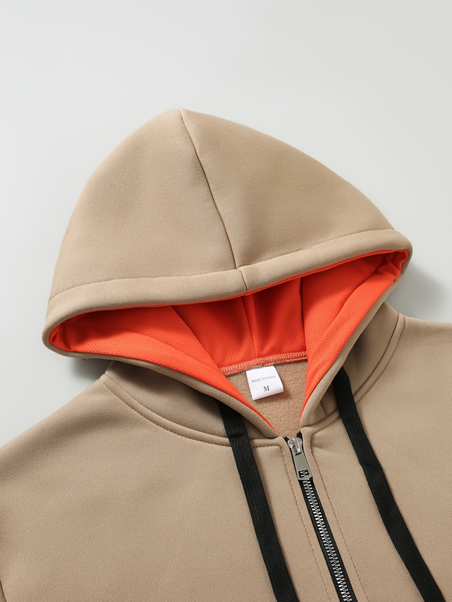 Men's Full Zip Hoodie, Contrast Color Hooded Sweatshirt with Cargo Pockets, Casual, Comfortable, Versatile Fall Winter Jacket - Khaki