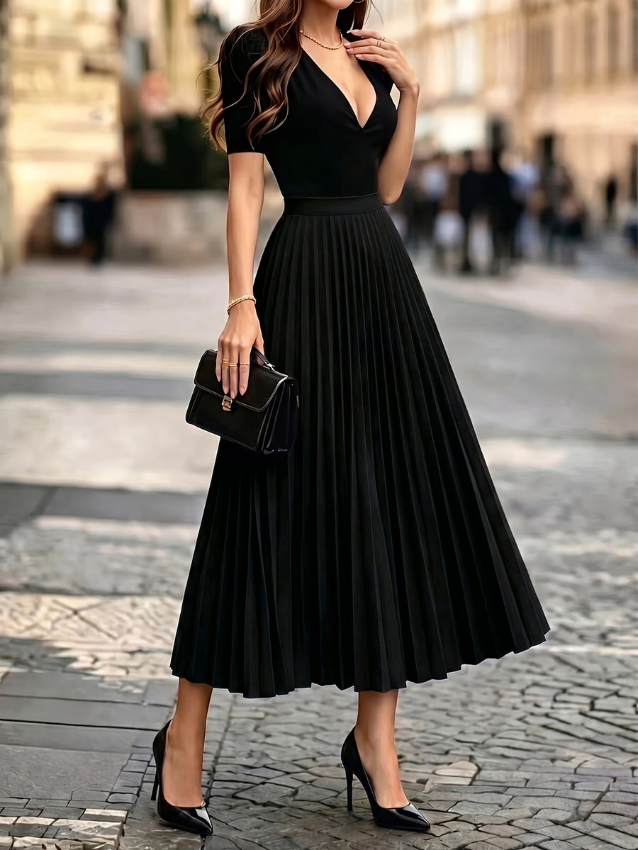 1pc Women's Skirt, Spring/autumn Solid Color Stretch Waist Sun Pleat A-line Skirt - Black