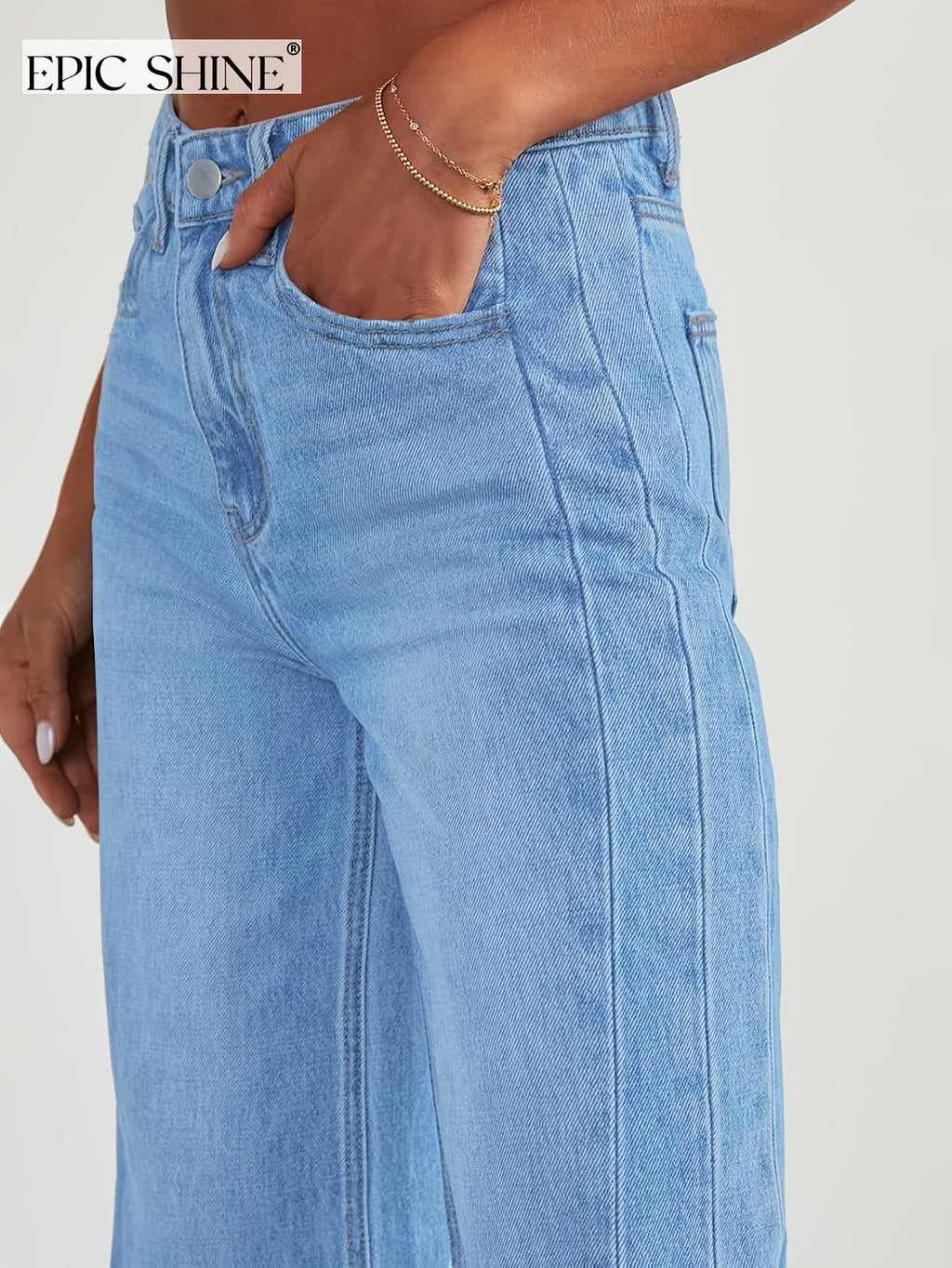 Women's Trendy High-waisted Loose Wide-leg Jeans, Stretchy Wide-leg Pants, Raw Hem Design, with Pockets, High-waisted Straight-leg Jeans, Versatile for Commuting, Women's Denim and Clothing - Light Blue