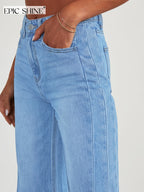 Women's Trendy High-waisted Loose Wide-leg Jeans, Stretchy Wide-leg Pants, Raw Hem Design, with Pockets, High-waisted Straight-leg Jeans, Versatile for Commuting, Women's Denim and Clothing - Light Blue