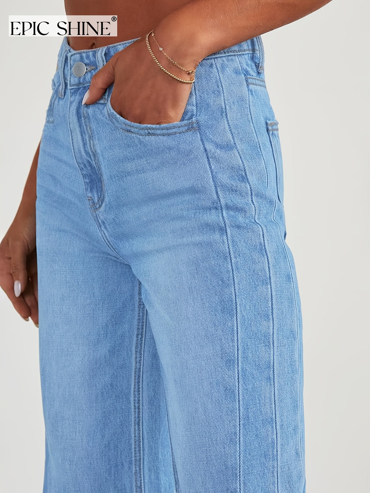 Women's Trendy High-waisted Loose Wide-leg Jeans, Stretchy Wide-leg Pants, Raw Hem Design, with Pockets, High-waisted Straight-leg Jeans, Versatile for Commuting, Women's Denim and Clothing - Light Blue
