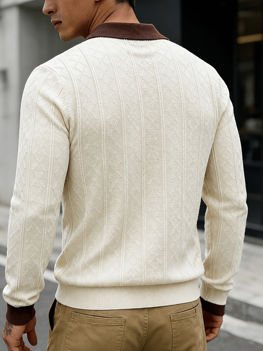 Autumn Winter New Men'S Polo Sweater Jacquard Knit Long Sleeve Contrast Collar Pullover Top, Suitable for Office Commute, Golf - Apricot