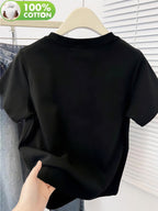 100% Women's T-Shirt, Summer Short-Sleeve Lightweight Top, Trendy and Fashionable Standard Fit, Casual and Versatile, Breathable and Comfortable, Pattern with Flying Bird Elements, Simple, Elegant, and Full of Personality - Black