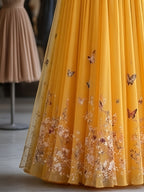 Women'S Elegant Printed Mid-Length A-Line Skirt with Layered Tulle Skirt, Suitable for All 4 Seasons - Lemon Yellow