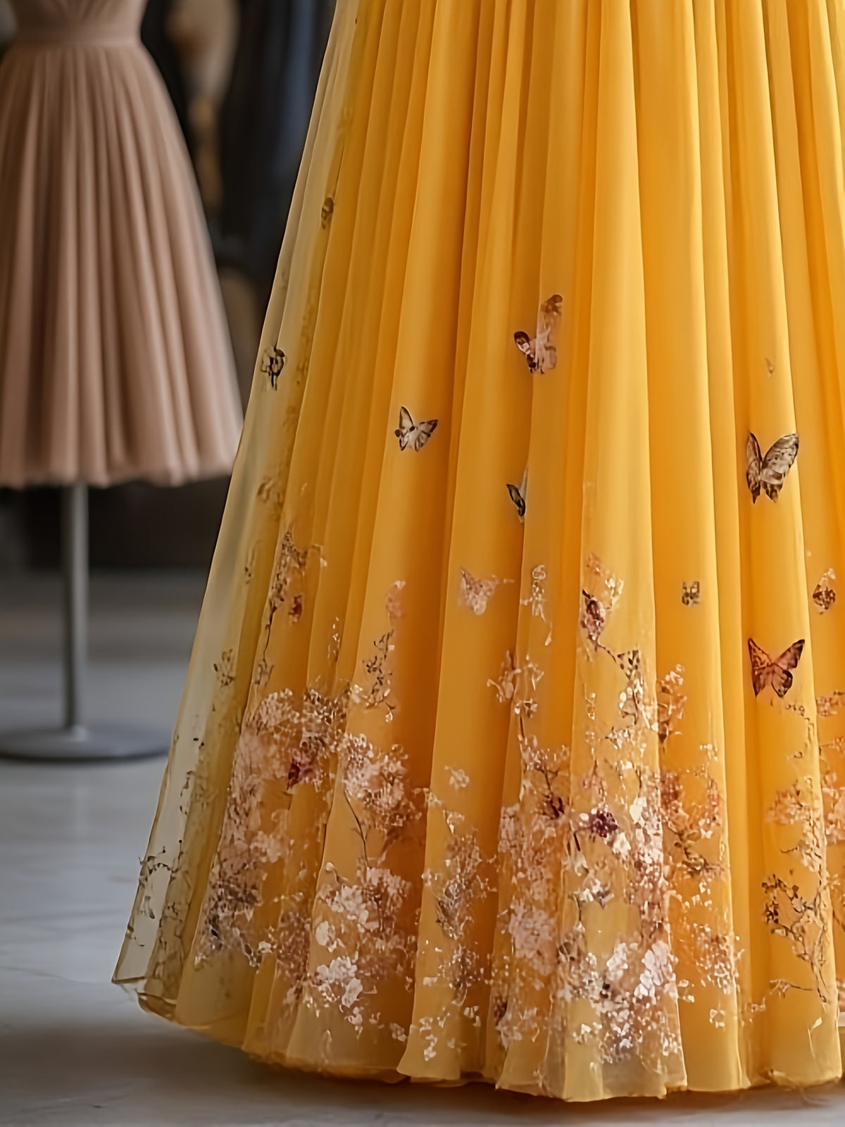 Women'S Elegant Printed Mid-Length A-Line Skirt with Layered Tulle Skirt, Suitable for All 4 Seasons - Lemon Yellow