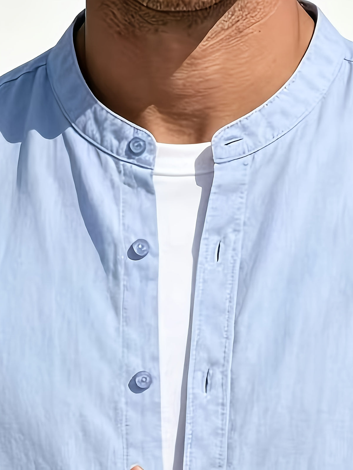 Men's Casual Stand up Collar Long Sleeved Shirt, Simple Solid Color Versatile, Suitable for Both Business and Leisure, Daily Commuting Outerwear - Sky Blue