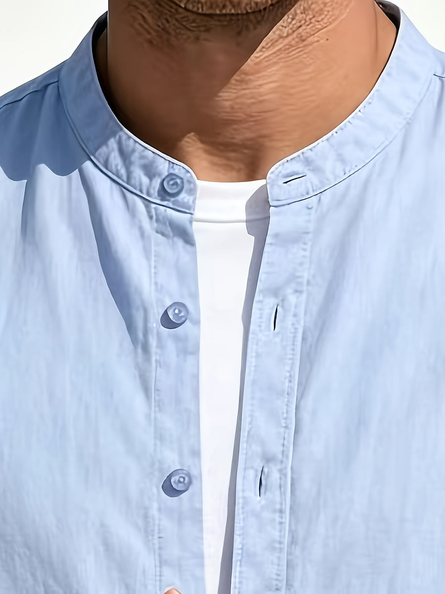 Men's Casual Stand up Collar Long Sleeved Shirt, Simple Solid Color Versatile, Suitable for Both Business and Leisure, Daily Commuting Outerwear - Sky Blue