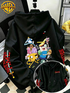 Adventure Time Full Character Cartoon Print Hooded Sweatshirt - Men'S Casual All-Match Pullover, Comfortable Fall/Winter Wear for Sports, Outdoors, Picnics, Travel, Daily/Commute/Home, Perfect Gift for Lovers And Friends - Unisex - Black