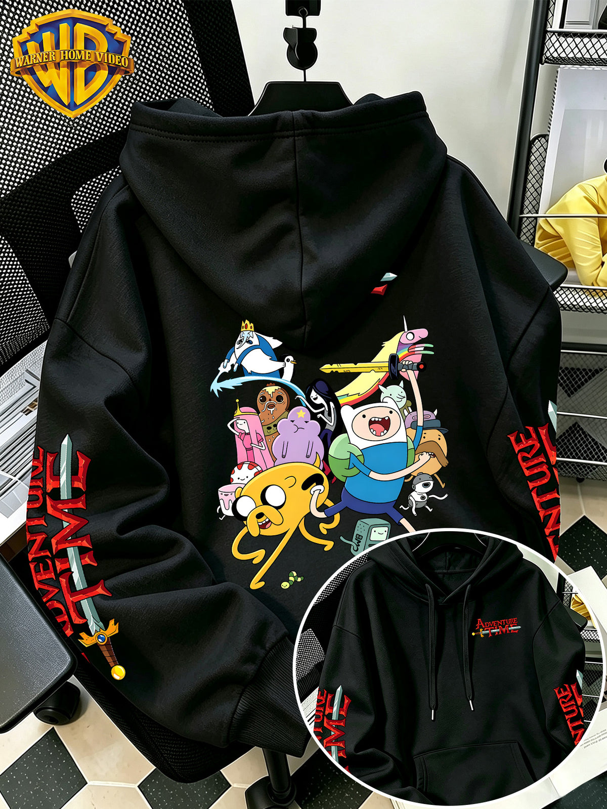 Adventure Time Full Character Cartoon Print Hooded Sweatshirt - Men'S Casual All-Match Pullover, Comfortable Fall/Winter Wear for Sports, Outdoors, Picnics, Travel, Daily/Commute/Home, Perfect Gift for Lovers And Friends - Unisex - Black