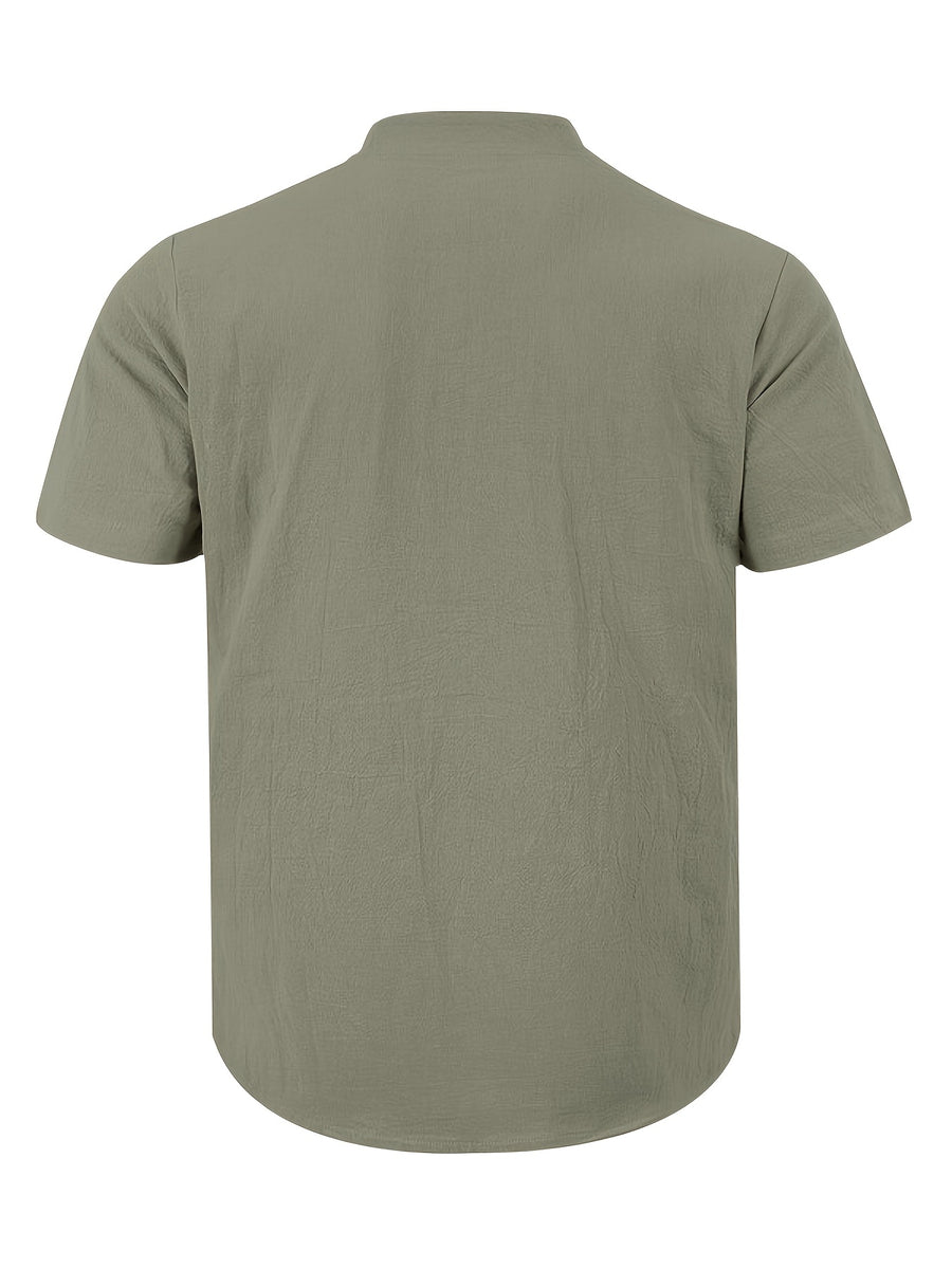 3pcs Set Men's All-cotton Polo Shirt, Men's Solid Color Loose-fit Casual -textured Workwear V-neck Pocket Henley Shirt with Short Sleeves, Suitable for the Beach, Casual Daily Wear, Commuting, Etc. - Green White Khaki Color