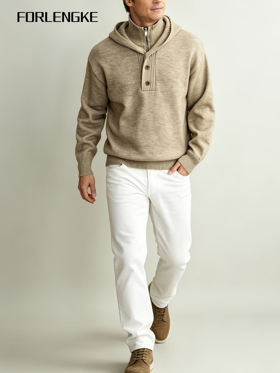 FORLENGKE Men'S Urban Wandering Commuter Style Hooded Half-Zip Knit Sweater, Adjustable Hood with Buckle, Heavy Knit for Temperature Fluctuations, Comfortable for Long Sitting, Suitable for Commuting, Exhibitions, Cafes, Social Gatherings - Clip Flower Coffee