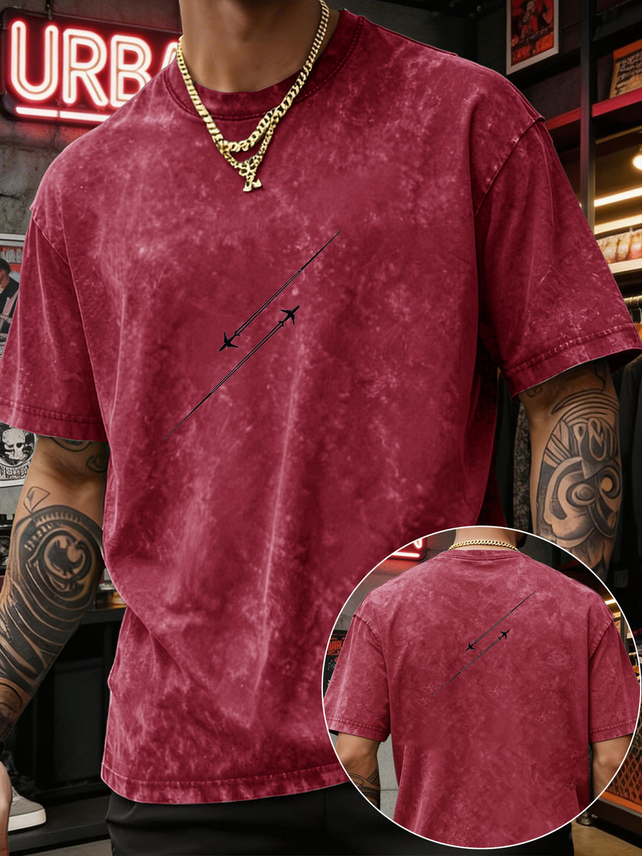 Men'S Heavyweight Washed T-Shirt Minimalist Airplane Line Art Print High Street Vintage Distressed Tee 2026 Summer Casual Urban Wear - Red