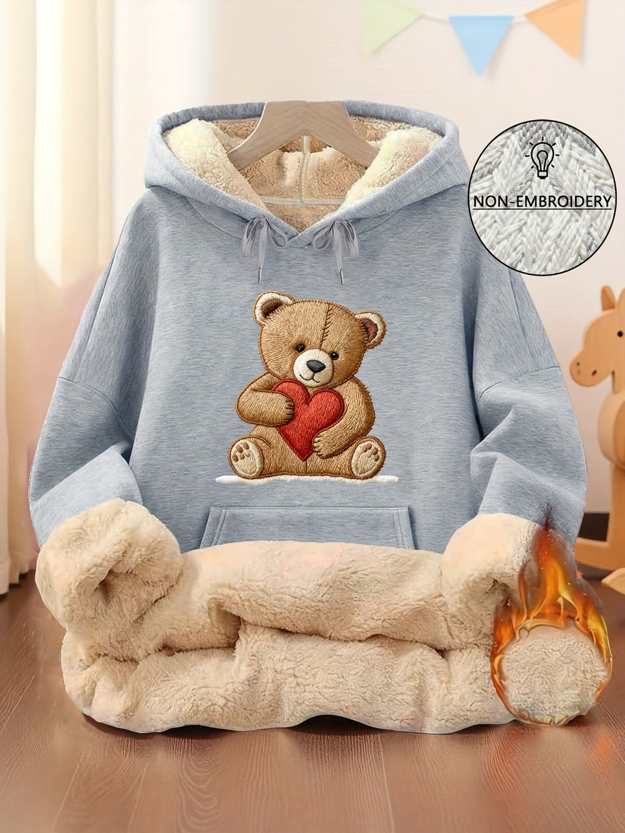 Women'S Home Wear Top [Imitation Print] Women'S Hot Style Heart Bear Print Sweatshirt, Fall Winter Fleece Hooded Warm Sweater, Suitable for Casual Home Wear Drawstring Hooded Sweatshirt - Light Grey