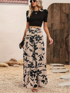 Elegant Wide-Leg Long Pants with Floral Prints for Women - Khaki