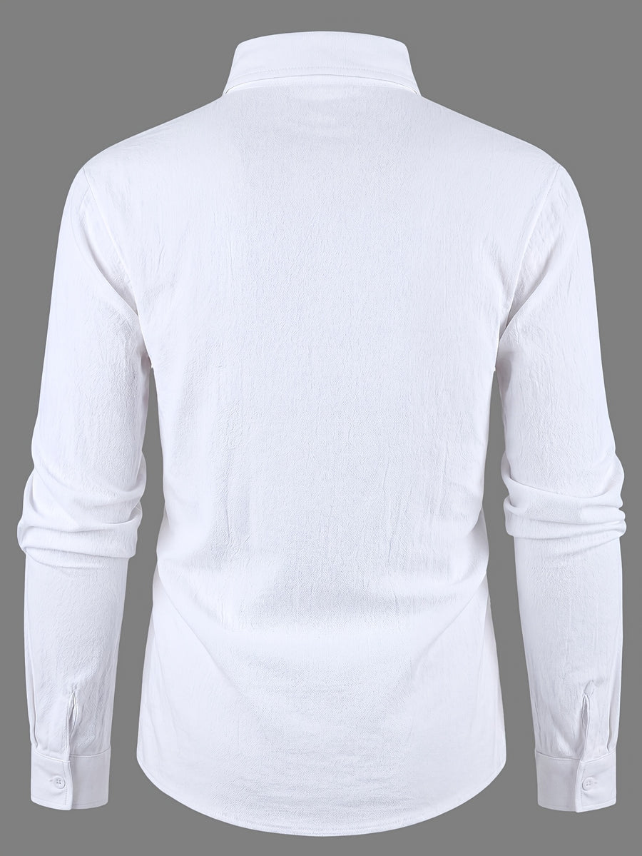 4pcs Set Men's Spring/Autumn New Trendy Fashion Solid Color Linen Long Sleeve Button-Up Lapel Top for Daily Commuting, Outings, Fitness, Vacation, Business, Casual, and Sports - White+Black+Khaki+Light Blue