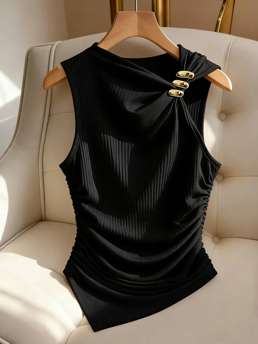 Women'S Metallic Decorative Ribbed Solid Elegant Sleeveless Top - Black