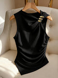 Women'S Metallic Decorative Ribbed Solid Elegant Sleeveless Top - Black