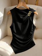 Women'S Metallic Decorative Ribbed Solid Elegant Sleeveless Top - Black
