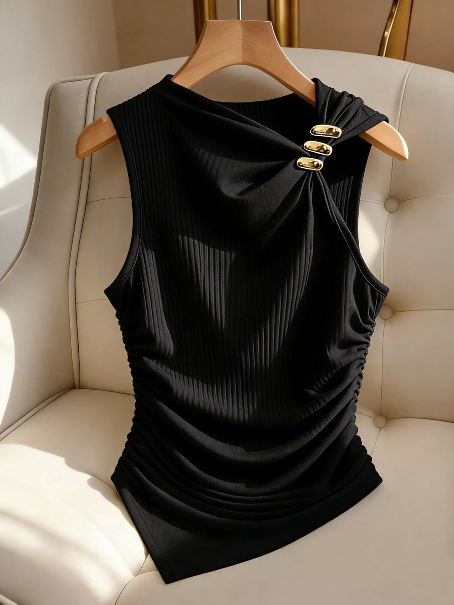 Women'S Metallic Decorative Ribbed Solid Elegant Sleeveless Top - Black
