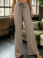 Women's Elegant Tie-Waist Wide-Leg Pants, Summer, Machine Washable, for Casual and Vacation Wear - Khaki